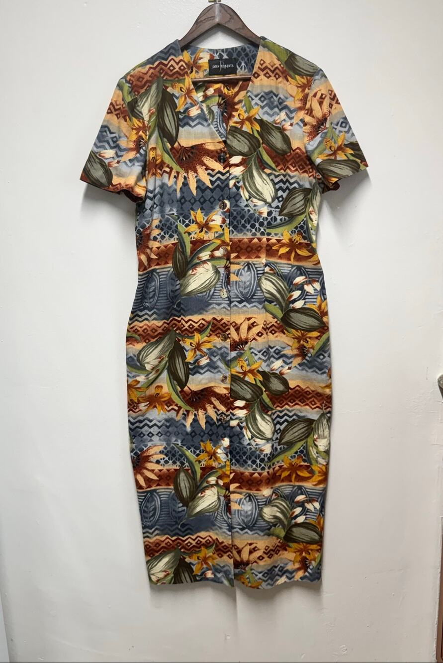John Roberts Women’s Tropical Floral Button Front Midi Dress Boho Cruise Resort